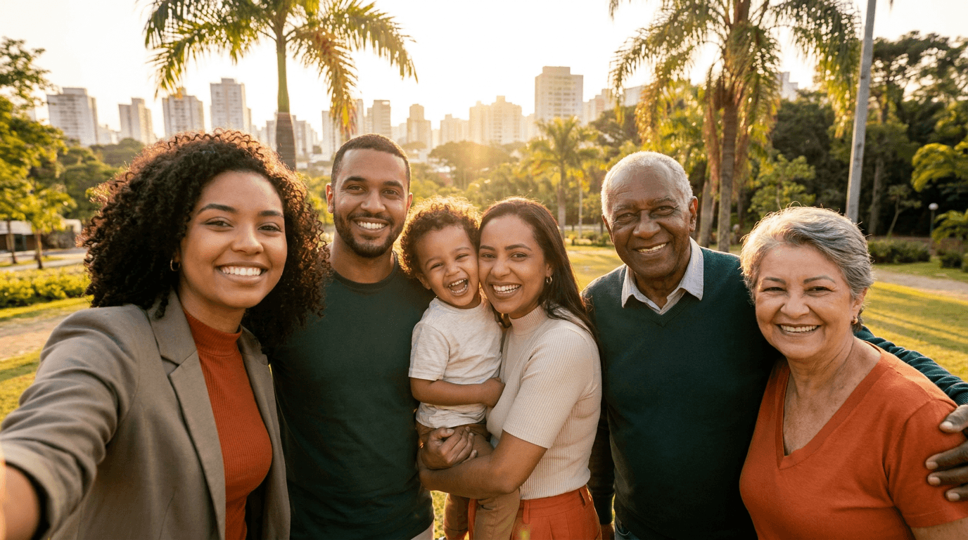 Grupo de pessoas de diferentes idades e perfis sorrindo juntas, representando quem a Cote Seu Plano atende